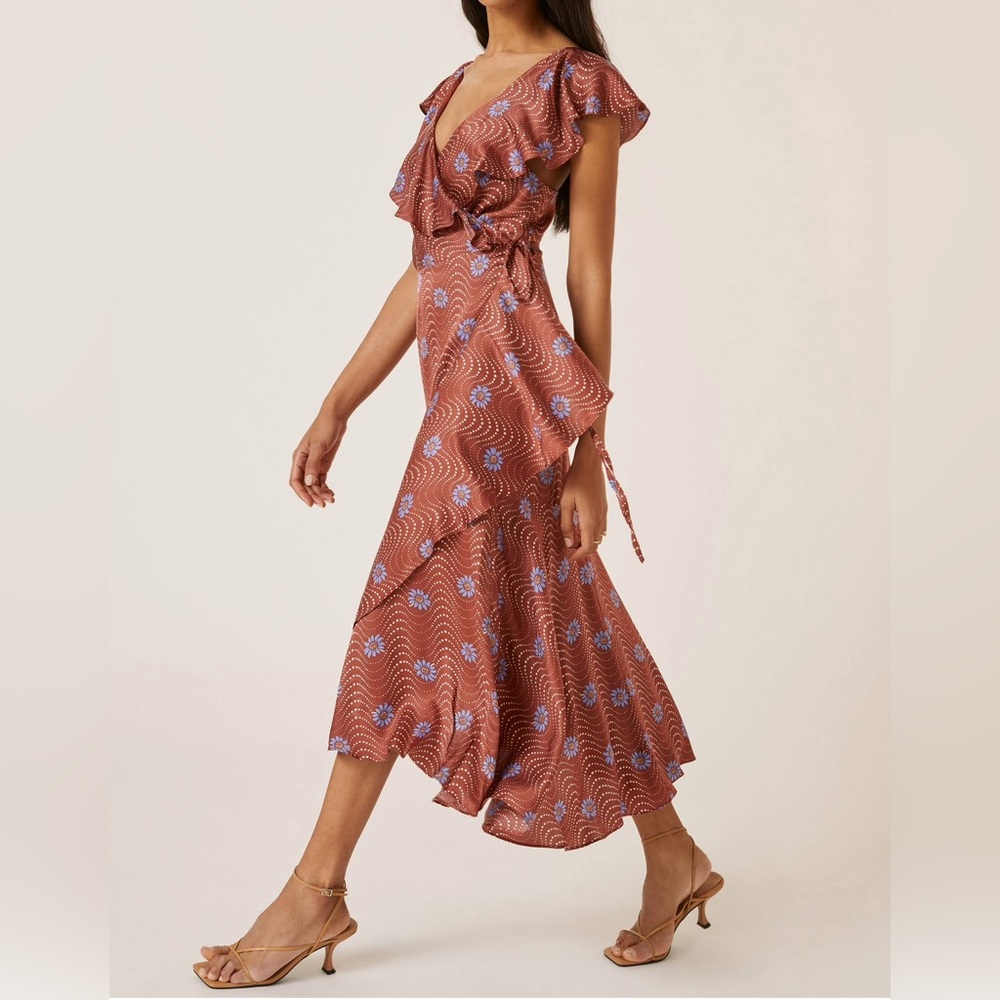Anthropologie Floral Flutter Sleeve Wrap Midi Dress Ruffle Hem Silky Flowy Daisy